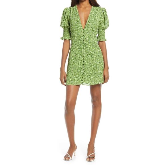 Reformation Dresses & Skirts - REFORMATION Alison Puff Sleeve Mini Dress Womens 8 Green Floral Button Front